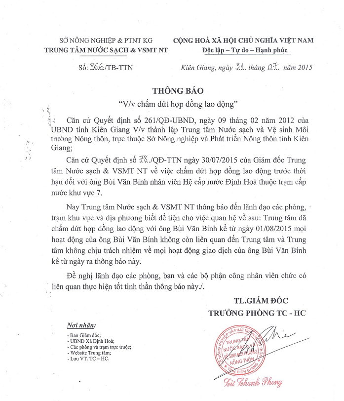 Thong bao chấm dứt hợp đồng Bùi Văn Bính